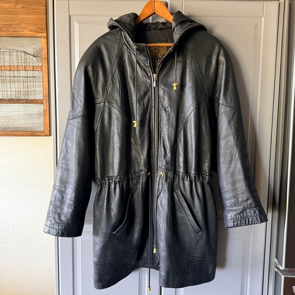 Express Avenue De L' Opera VTG Leather Hooded Thinsulate Parka Jacket, Black,M